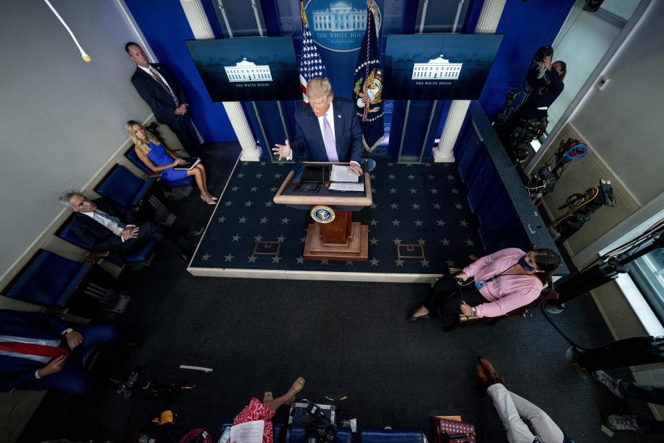 President Donald Trump speaks at a news conference in the James Brady Press Briefing Room at the White House, Thursday, Aug. 13, 2020, in Washington. (AP Photo/Andrew Harnik)