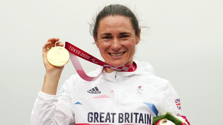 Sarah Storey celebrates one of her Tokyo gold medals