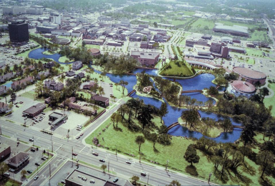 An artist's rendering for Robert Marvin’s plan for redevelopment of downtown Fayetteville, made public on April 16, 1996. There would have been a 40-acre park with four lakes, museums, an arts district, thousands of new homes, and other amenities.