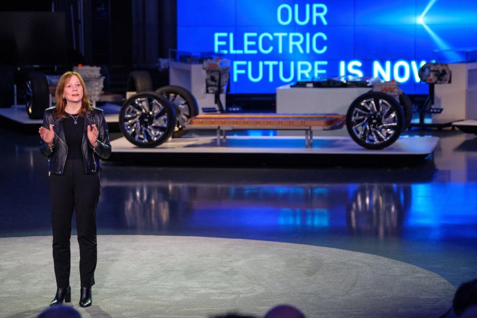 General Motors Chairman and CEO Mary Barra addresses the gathering Wednesday, March 4, 2020 at an event detailing GM’s electric vehicle technologies and upcoming products in the Design Dome on the GM Tech Center campus in Warren, Michigan.