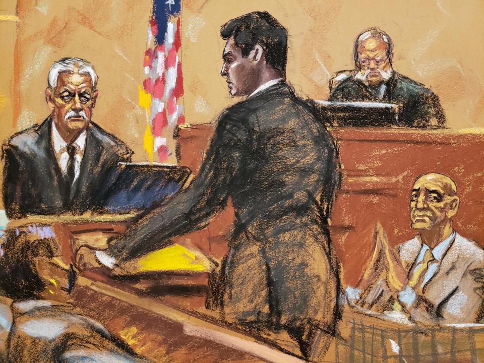 An artist's depiction of former Secretary of State Rex Tillerson (left) being questioned by federal prosecutor Hiral Mehta (center) as Thomas Barrack (right) watches. / Credit: Jane Rosenberg