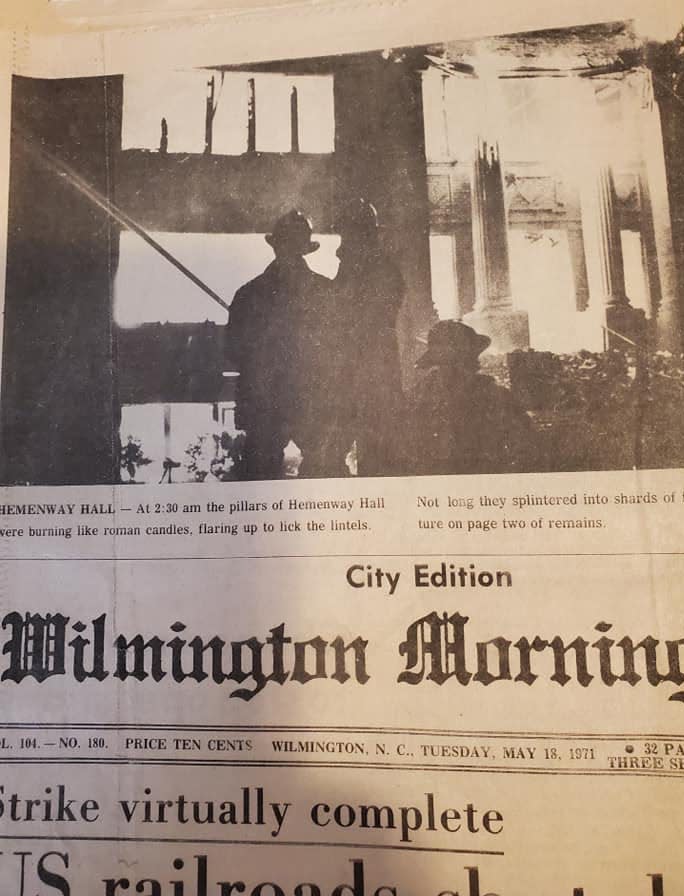 Copy of the StarNews, then the Wilmington Morning Star, from May 18, 1971, with coverage of the fire that destroyed Hemenway Hall at North Fifth Avenue and Chestnut Street.