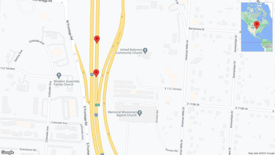 A detailed map that shows the affected road due to 'Broken down vehicle on northbound I-40/US-71 in Kansas City' on October 16th at 2:32 p.m.