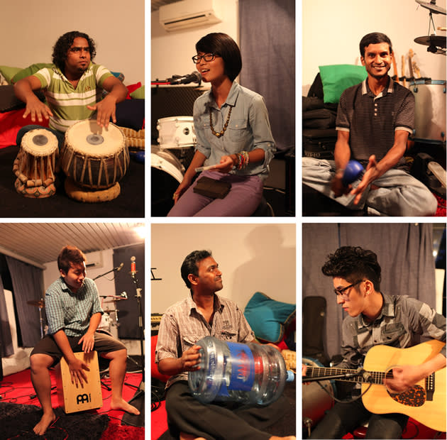 Six of the eight-man crew that produced the cover and mashup of "Some Nights" and "Sing" include (clockwise from top left) Jahangir on Tabla, lead vocalist Moxi Looi, Getun on the maracas, electric and acoustic guitarist Guan Xian, Osman, who drums the used water bottle, and Sky Ong Woonyong, who plays percussion and assists with backup vocals. (Photo courtesy of Bernice Wong)