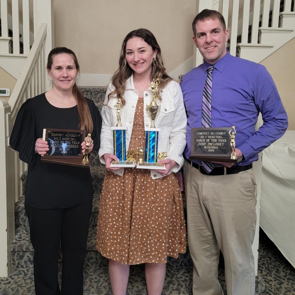 Pictured are Berlin Brothersvalley's Rachel Prosser (all-county co-Coach of the Year), Shade's Jenna Muha (all-county MVP), and Windber's Cory Pavlosky (all-county co-Coach of the Year).
