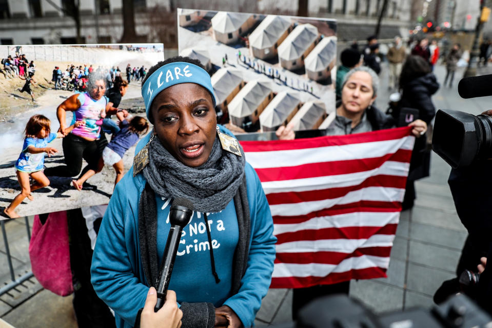 Therese Okoumou, Statue of Liberty climber, talks to media at the United States Courthouse in the Manhattan borough of New York City, New York, U.S., December 17, 2018. REUTERS/Jeenah Moon