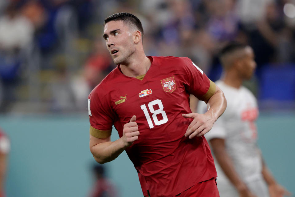 DOHA, QATAR - DECEMBER 2: Dusan Vlahovic of Serbia  during the  World Cup match between Serbia  v Switzerland at the Stadium 974 on December 2, 2022 in Doha Qatar (Photo by David S. Bustamante/Soccrates/Getty Images)