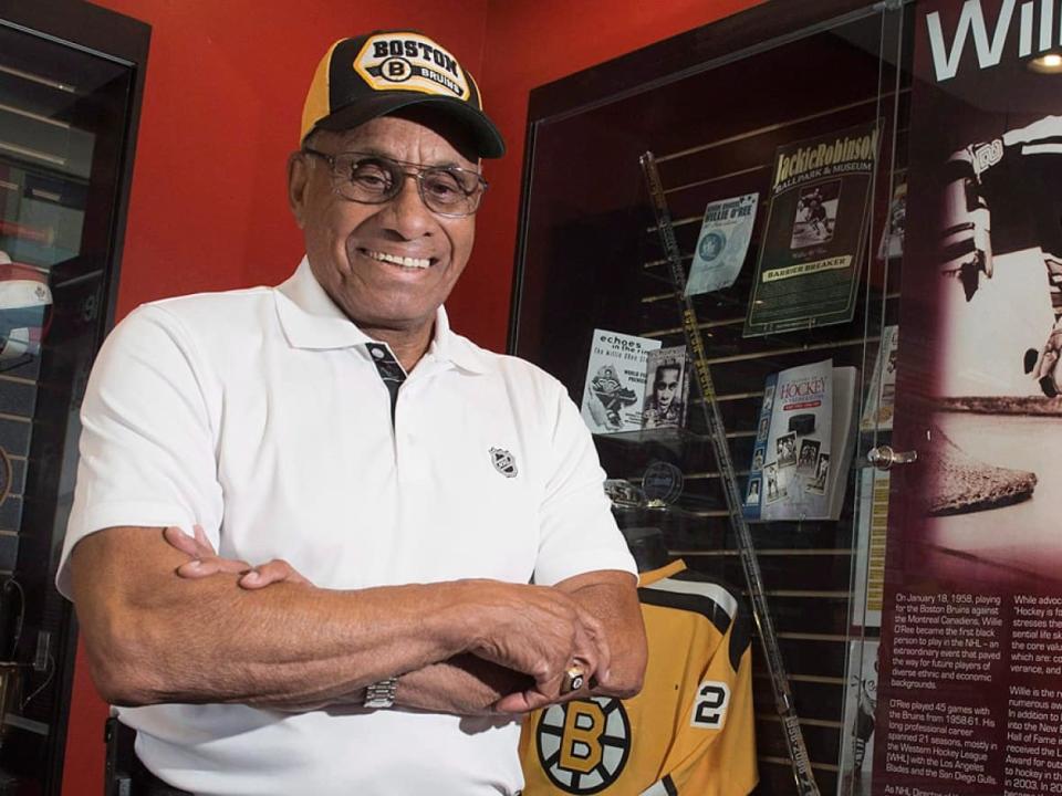 Willie O'Ree saw his No. 22 Boston Bruins jersey retired on Tuesday evening, in a ceremony held just before the team's game against the Carolina Hurricanes. (Stephen MacGillivray/Canadian Press/File - image credit)