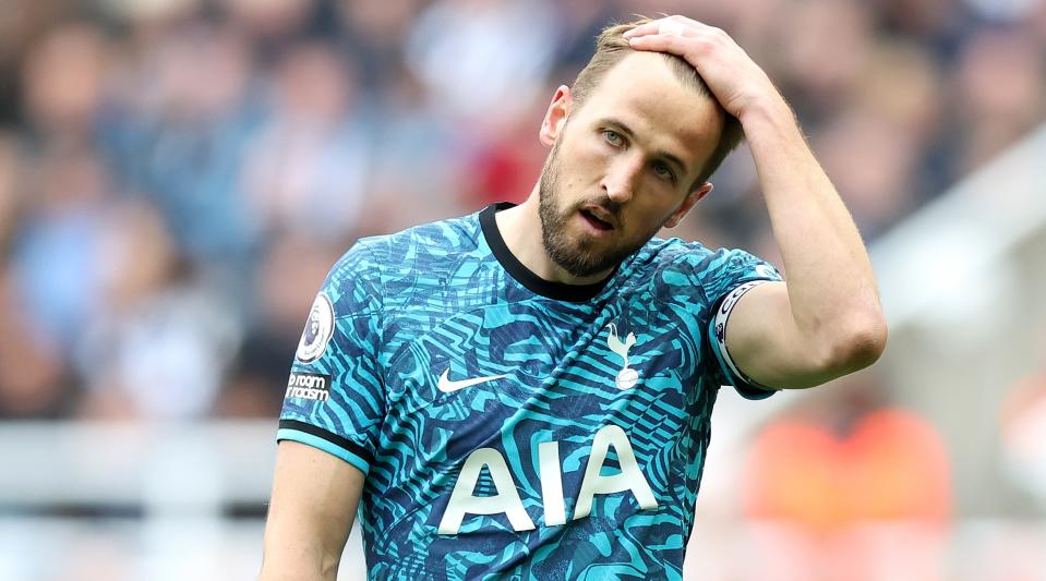   Harry Kane of Tottenham Hotspur reacts during the Premier League match between Newcastle United and Tottenham Hotspur at St.  James'  Park on April 23, 2023 in Newcastle upon Tyne, United Kingdom. 