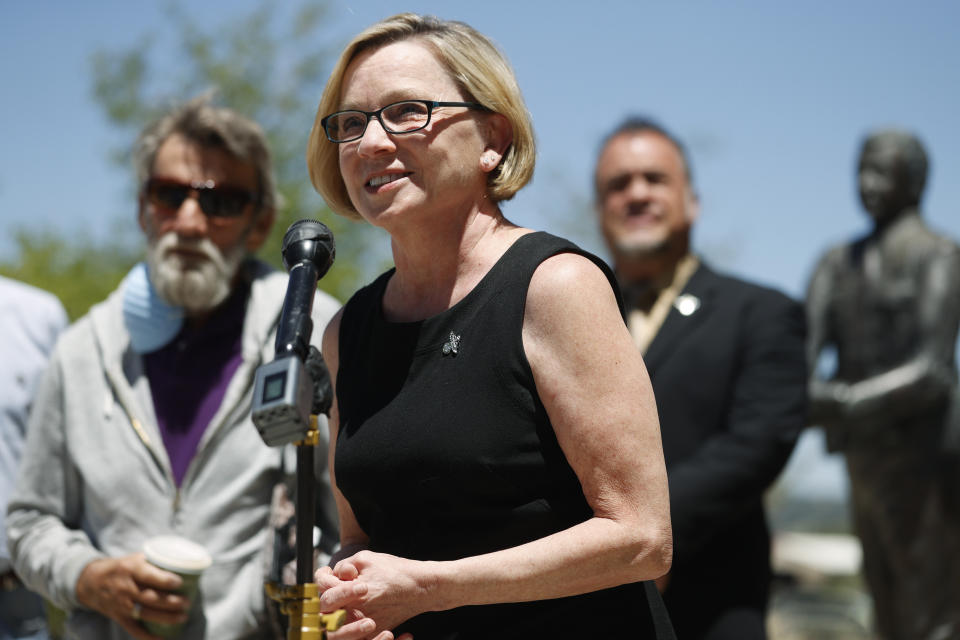 Kimberly Obremski La Tourette of Lee, N.H., speaks at a news conference Wednesday, July 1, 2020, after the sentencing hearing for James Curtis Clanton in the death of Helene Pruszynski, a childhood friend of Obremski La Tourette, four decades ago in Castle Rock, Colo. Douglas County, Colo., Sheriffs Department investigators solved the cold case that took place in early 1980. (AP Photo/David Zalubowski)