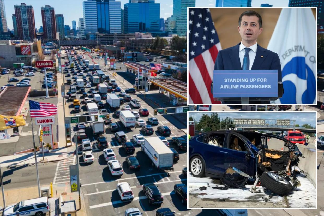 Cars in traffic, Pete Buttigieg and crash involving Tesla
