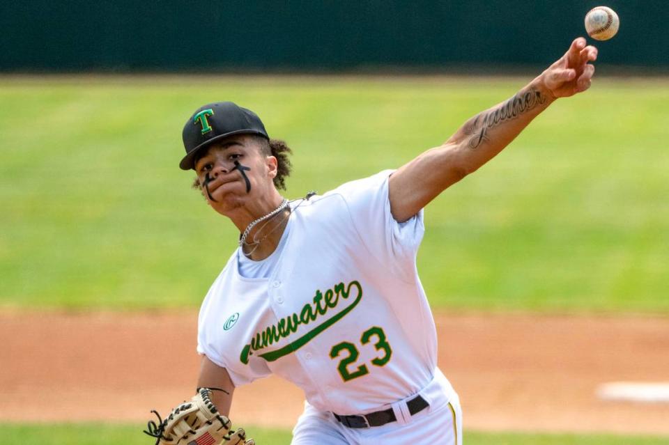 Tumwater starter Trenton Gaither delivers a pitch to Grandview’s Carlos Guillen during the first inning of a 2A State baseball opening round game at Wheeler Field in Centralia, Wash., on May 20, 2023.