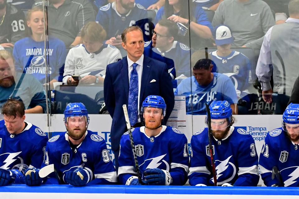 Lightning coach Jon Cooper looks on during the second period against the Avalanche in Game 4 of the Stanley Cup Final.