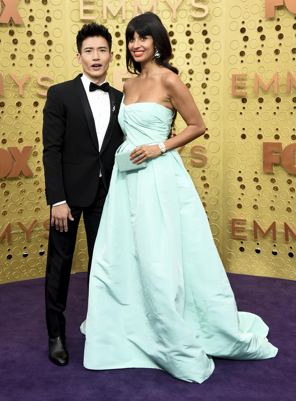 Manny Jacinto, left, and Jameela Jamil arrive at the 71st Primetime Emmy Awards on Sunday, Sept. 22, 2019, at the Microsoft Theater in Los Angeles. (Photo by Jordan Strauss/Invision/AP)
