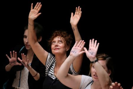 Actress Susan Sarandon joins with other women and immigration activists while rallying inside the Hart Senate Office Building after marching to Capitol Hill in Washington, U.S., June 28, 2018. REUTERS/Jonathan Ernst