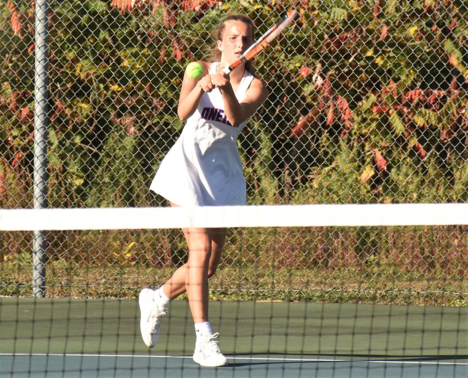 Oneida's Kaylee French returns a shot in singles play against Whitesboro at Section III's 2023 Class B championship match in Oneida.