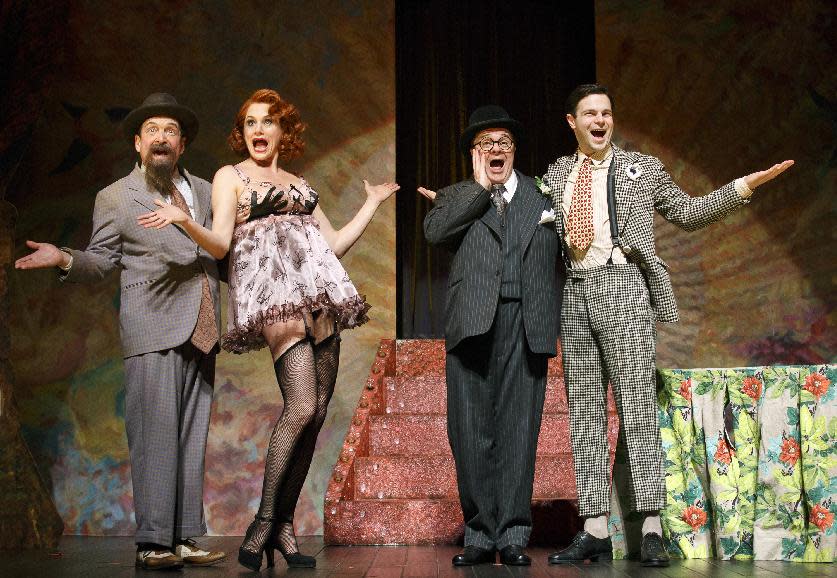 This theater publicity image released by Lincoln Center Theater shows, from left, Lewis J. Stadlen, Cady Huffman, Nathan Lane and Jonny Orsini in "The Nance," performing at the Lyceum Theatre in New York. (AP Photo/Lincoln Center Theater, Joan Marcus)