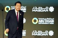 South Korean President Yoon Suk Yeol leaves the podium after his speech during the Abu Dhabi Sustainability Week's opening ceremony in Abu Dhabi, United Arab Emirates, Monday, Jan. 16, 2023. (AP Photo/Kamran Jebreili)