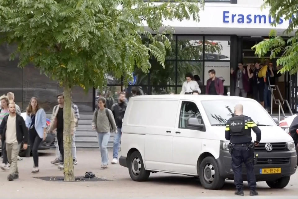 Emergency services attend to the scene at Erasmus Medical Center, Rotterdam, the Netherlands, Thursday Sept. 28, 2023. Police in the Netherlands say that people have been killed in two shootings in the Dutch port city of Rotterdam, one at a university hospital and one at a nearby home. (AP Photo)