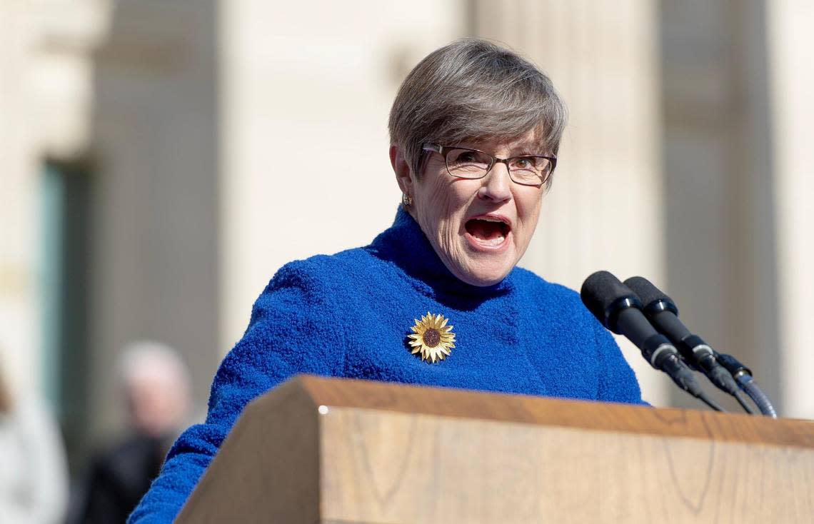 Kansas Gov. Laura Kelly speaks during an inauguration ceremony on the south steps of the Kansas Capitol building on Monday, Jan. 9, 2023, in Topeka.