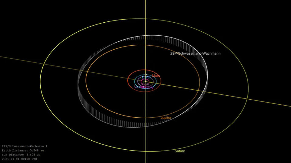 A órbita quase circular do cometa 29P ao redor do Sol (Imagem: Reprodução/NASA/JPL Small-Body Database Browser)
