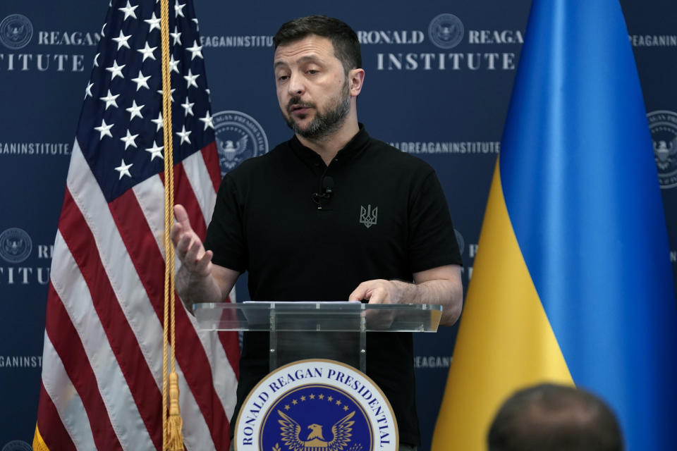 Ukrainian President Volodymyr Zelenskyy speaks at the Ronald Reagan Institute on the sideline of NATO Summit in Washington, Tuesday, July 9, 2024. (AP Photo/Jose Luis Magana)