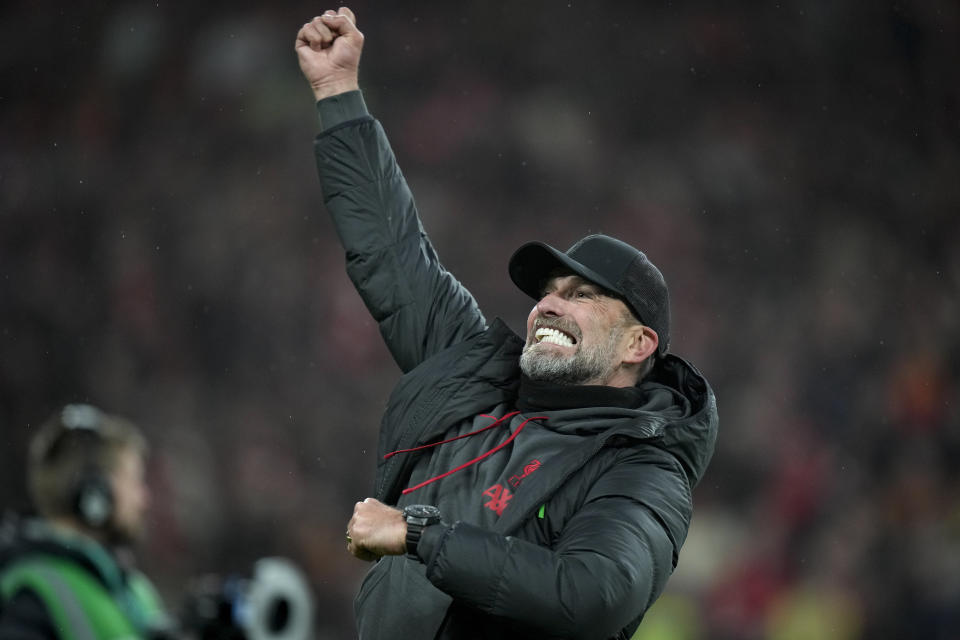 Liverpool's manager Jurgen Klopp celebrates after his team won the English League Cup final soccer match between Chelsea and Liverpool at Wembley Stadium in London, Sunday, Feb. 25, 2024. (AP Photo/Alastair Grant)