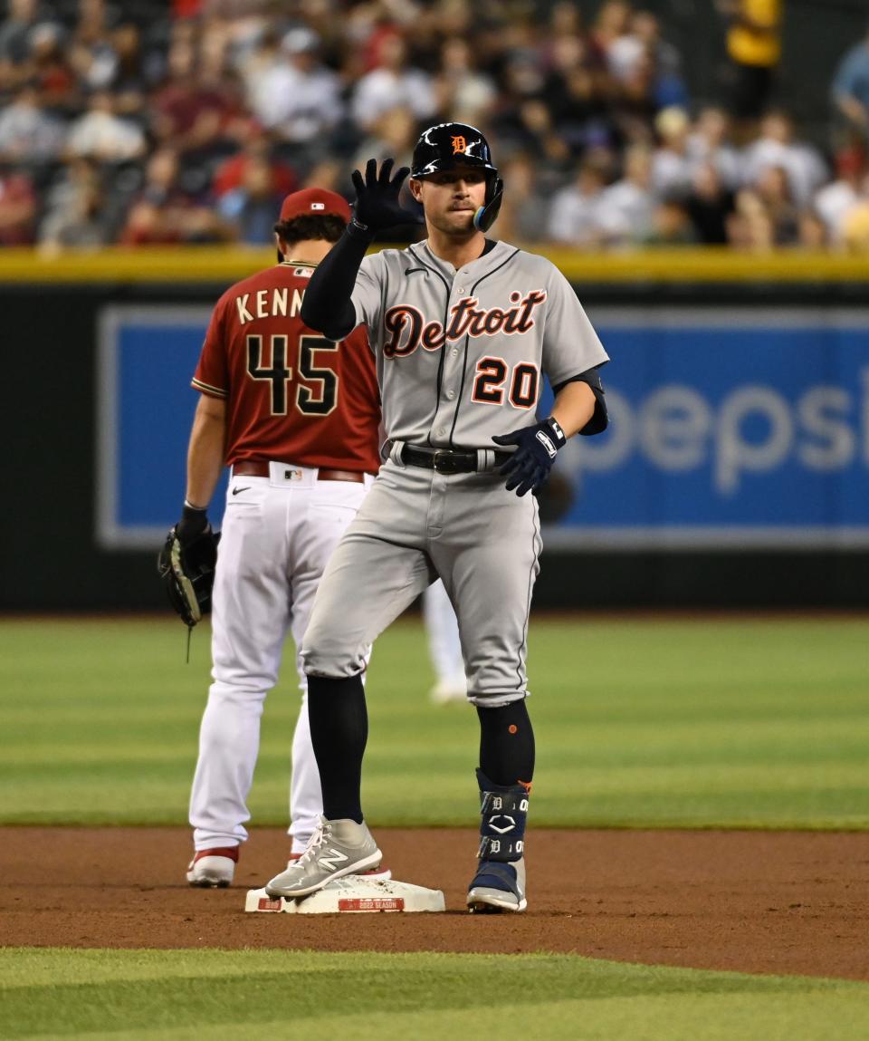Tigers first baseman Spencer Torkelson gestures to his bench after hitting a double in the second inning on Sunday, June 26, 2022, in Phoenix.