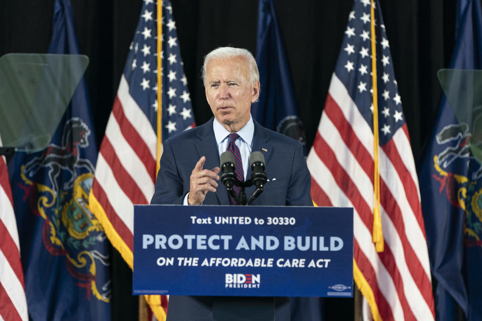 LANCASTER, PA - JUNE 25: Democratic presidential candidate former Vice President Joe Biden speaks during an event about affordable healthcare at the Lancaster Recreation Center on June 25, 2020 in Lancaster, Pennsylvania. Biden met with families who have benefited from the Affordable Care Act and made remarks on his plan for affordable healthcare. (Photo by Joshua Roberts/Getty Images)