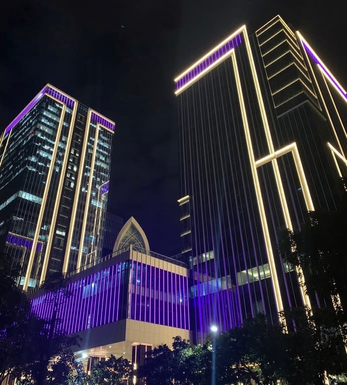 《圖說》TFC南港經貿大樓希望透過點亮紫色燈光，向全世界展示對殘疾人士的支持和尊重。（圖／台肥公司提供）