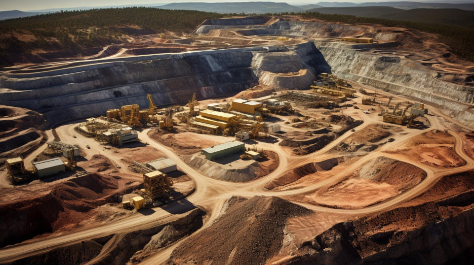 Aerial view of a large-scale gold mine, showing the extent of the company’s operations.