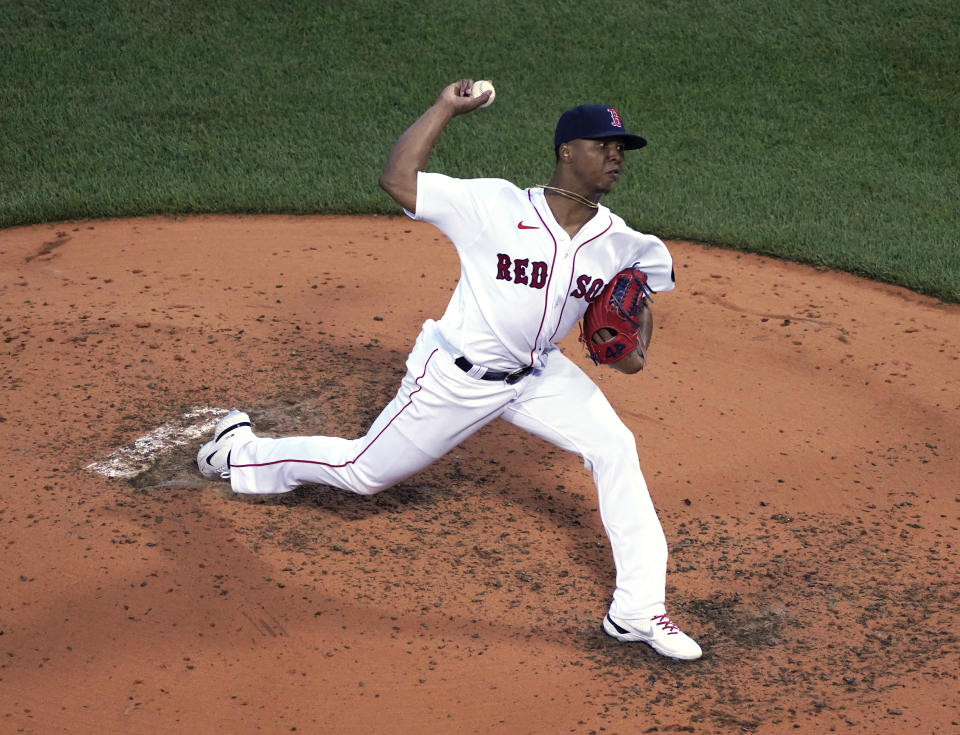 Boston Red Sox starting pitcher Brayan Bello delivers during the fourth inning of the team's baseball game against the Tampa Bay Rays at Fenway Park, Wednesday, July 6, 2022, in Boston. (AP Photo/Mary Schwalm)