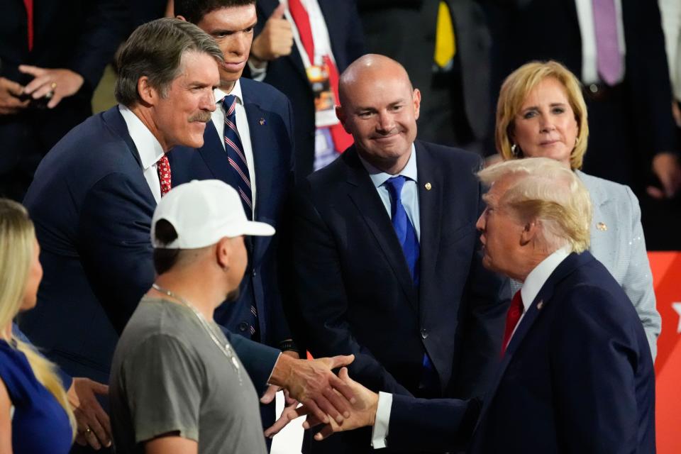 U.S. Senate Candidate Eric Hovde (R-Wisc.) shakes hands with Donald Trump during the final day of the Republican National Convention at the Fiserv Forum. The final day of the RNC featured a keynote address by Republican presidential nominee Donald Trump.