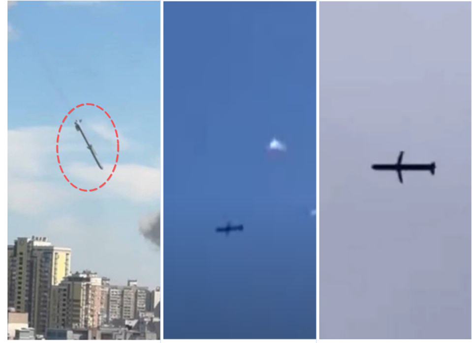 Missile that struck the hospital, left, is compared with a Patriot air defence system missile, centre, and the Kh-101 missile in flight (Molfar/ The Independent)