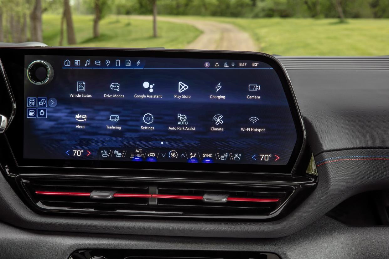 The 2024 Silverado EV RST's 17-inch-diagonal infotainment screen showcasing the native home screen.