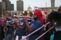 A band plays during a parade marking the 10th anniversary of Hurricane Katrina on August 29, 2015 in New Orleans, Louisiana