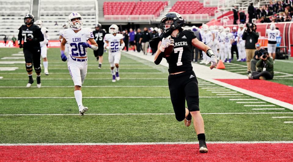 Corner Canyon and Lehi play in high school football semifinal action at Rice-Eccles Stadium in Salt Lake City on Friday, Nov. 10, 2023.