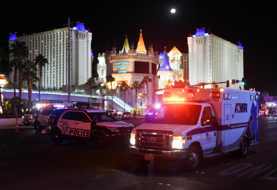 <p>An ambulance leaves the intersection of Las Vegas Boulevard and Tropicana Ave. after a mass shooting at a country music festival nearby on Oct. 2, 2017 in Las Vegas, Nevada. (Photo: David Becker/Getty Images) </p>