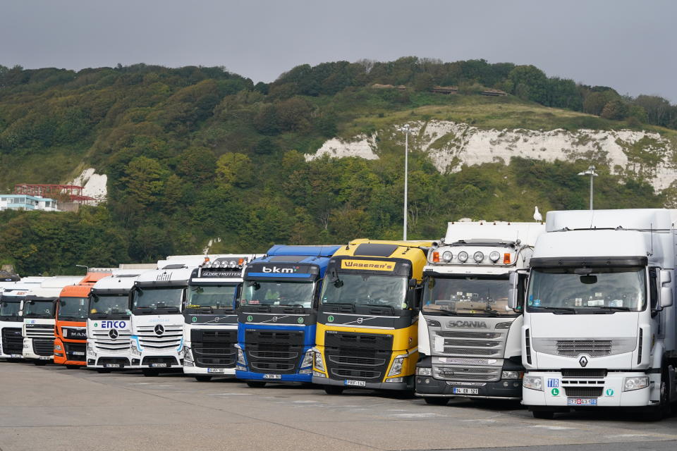 European lorries parked in Dover, Kent, as the Government is considering temporary measures to tackle the shortage of HGV drivers which is wreaking havoc on a number of UK industries. Picture date: Sunday September 26, 2021.