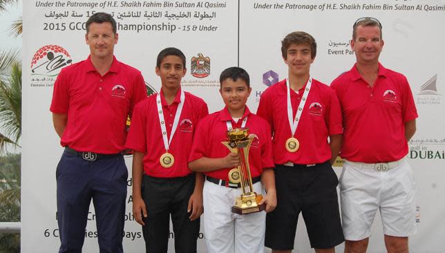 The victorious UAE team pose with their trophy at Dubai Creek Golf and Yacht Club.