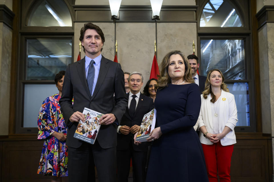 Prime Minister Justin Trudeau, Deputy Prime Minister and Minister of Finance Chrystia Freeland and cabinet ministers pose for a photo before the tabling of the federal budget on Parliament Hill in Ottawa, on Tuesday, April 16, 2024. THE CANADIAN PRESS/Justin Tang