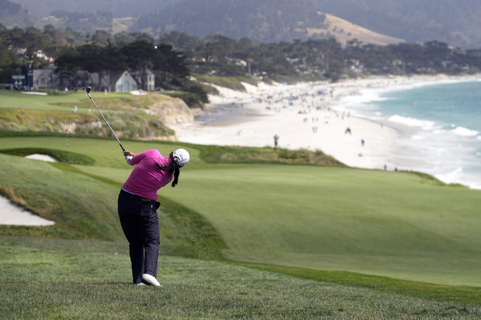 Allisen Corpuz hits off the fairway rough on the ninth hole during the third round of the U.S. Women's Open golf tournament at the Pebble Beach Golf Links, Saturday, July 8, 2023, in Pebble Beach, Calif. (AP Photo/Darron Cummings)