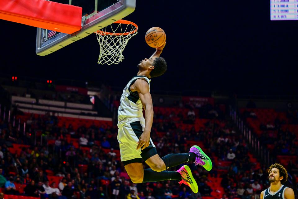 Scoot Henderson goes up for a slam dunk during the second half of the NBA G League Next Up Game at NBA All Star Weekend at the Jon M. Huntsman Center in Salt Lake City on February 19, 2023.