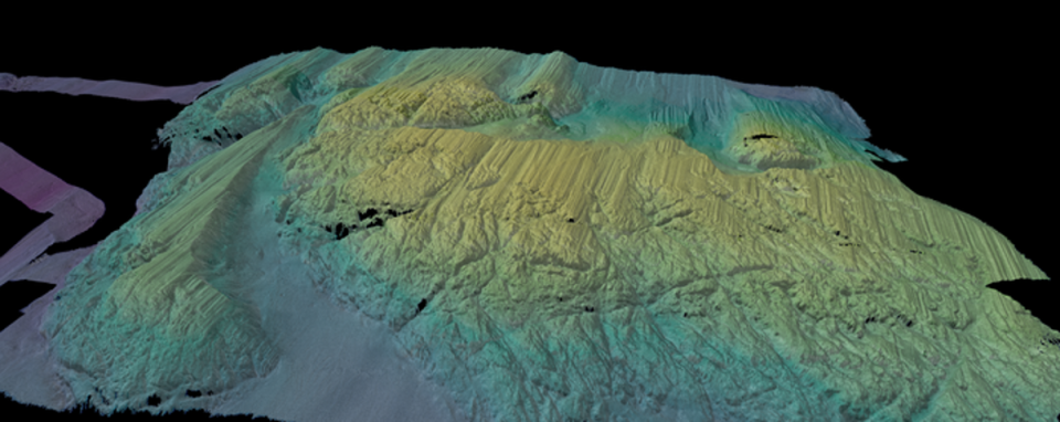 A 3D-rendered view of the multibeam bathymetry (seafloor shape) colored by depth (Alastair Graham/University of South Florida)