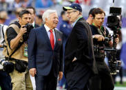 FILE PHOTO: New England Patriots owner Robert Kraft (L) and Seattle Seahawks owner Paul Allen talk on the field before Super Bowl XLIX at University of Phoenix Stadium in Glendale, Arizona, U.S., February 1, 2015. Mandatory Credit: Matthew Emmons-USA TODAY Sports/File Photo