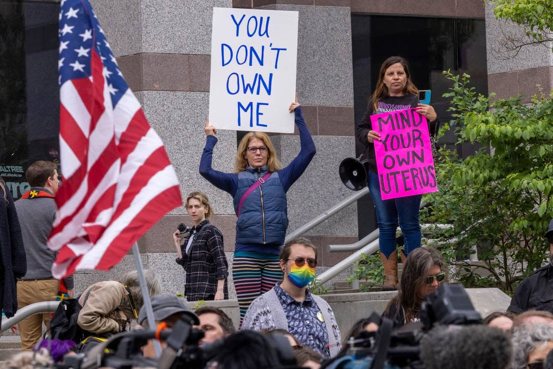 Demonstrators rally on Bicentennial Plaza outside the Legislative Building in downtown Raleigh for an afternoon “Bans off Our Bodies” rally hosted by the local chapter of Planned Parenthood Wednesday, May 3, 2023 after Republican state lawmakers announced their plan to limit abortion rights across the state.