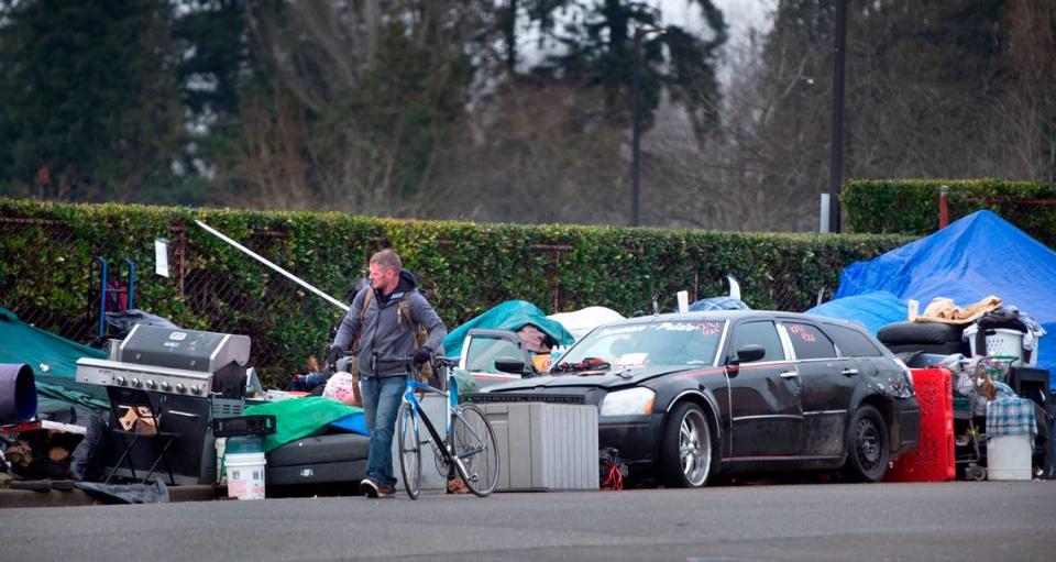 The homeless encampment on I Street and East 72nd Avenue in southeast Tacoma, shown on Wednesday, Jan. 26, 2022, has been ordered to clear out by Feb. 2.