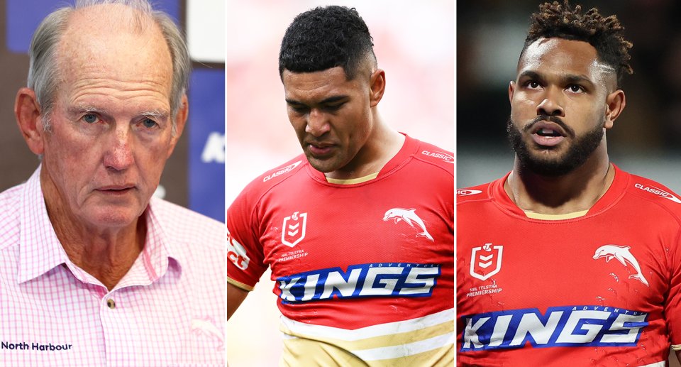 Pictured left to right, Wayne Bennett, Isaiya Katoa and Hamiso Tabuai-Fidow.