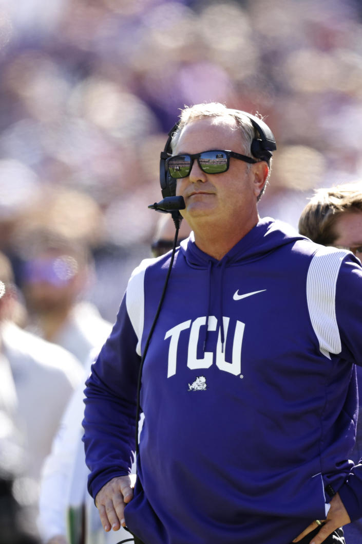 TCU head coach Sonny Dykes looks on from the sideline during the first half of an NCAA college football game against Texas Tech, Saturday, Nov. 5, 2022, in Fort Worth, Texas. (AP Photo/Ron Jenkins)