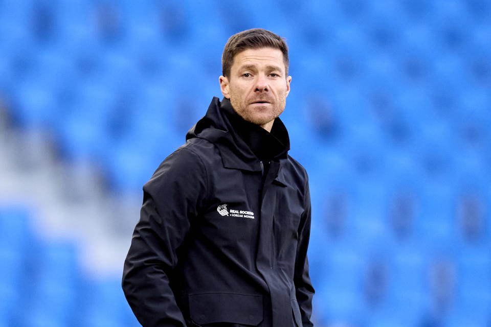 SAN SEBASTIAN, SPAIN - FEBRUARY 05: Head coach Xabi Alonso of Real Sociedad B looks on during the LaLiga Smartbank match between Real Sociedad B and CD Lugo at Reale Arena on February 05, 2022 in San Sebastian, Spain. (Photo by Ion Alcoba/Quality Sport Images/Getty Images)